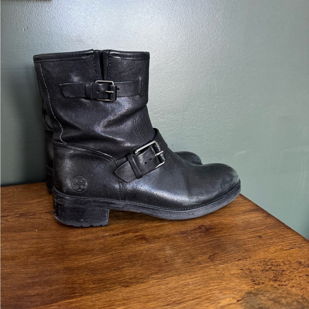 Tory Burch Short Black Leather Buckle Boots Size 7 Zipper Luxury Moto Designer